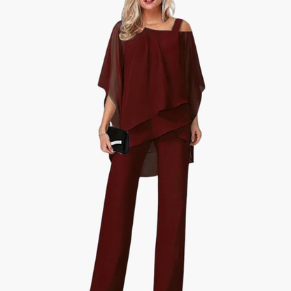 Ensemble Chiffon Épaules Dénudées Femme – Haut Élégant et Pantalon Large