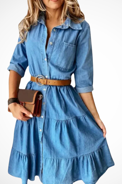 Robe-chemise midi en jean à volants pour femme – Style décontracté chic avec ceinture, idéal au quotidien