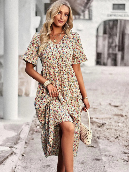 Women's Mid-Length Floral Dress with V-Neck – Lightweight Summer Dress with Short Sleeves