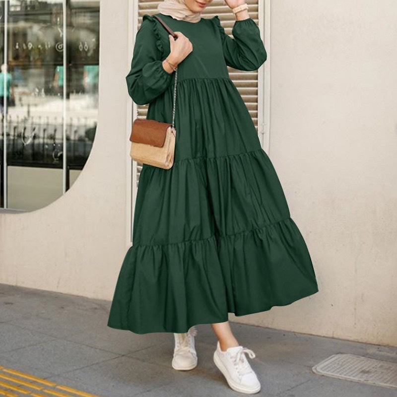 Robe Midi Femme à Manches Longues et Col Rond – Élégante et Flatteuse