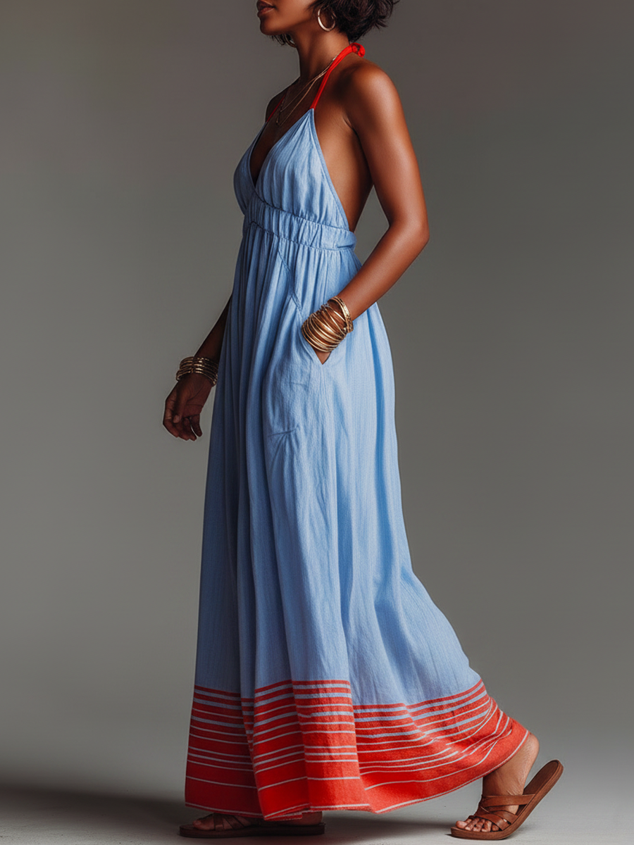Robe maxi femme col halter rayee avec poches - Legere et elegante