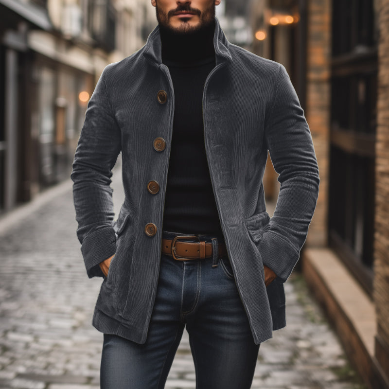 Manteau court ajusté en velours côtelé à col montant pour homme