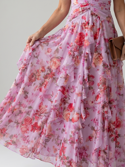 Women's Floral Maxi Dress with Halter Neck and Ruched Bustier - Refined and Summery