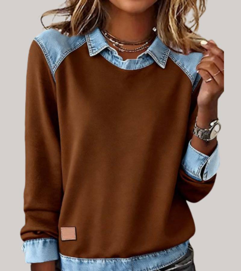 Pull Élégant Bimatière Femme – Sweat Confort avec Finition Denim