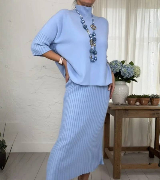 Elegant Knitted Set for Women – Ribbed Turtleneck Sweater and Mid-Length Skirt
