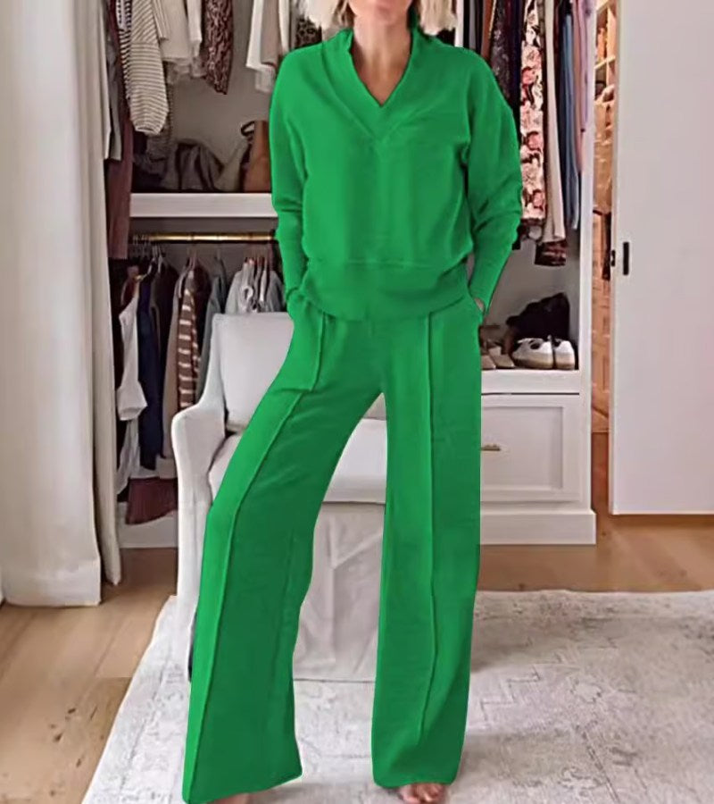 Ensemble Lounge Moderne Deux Pièces Femme – Haut Col V Manches Longues et Pantalon Large