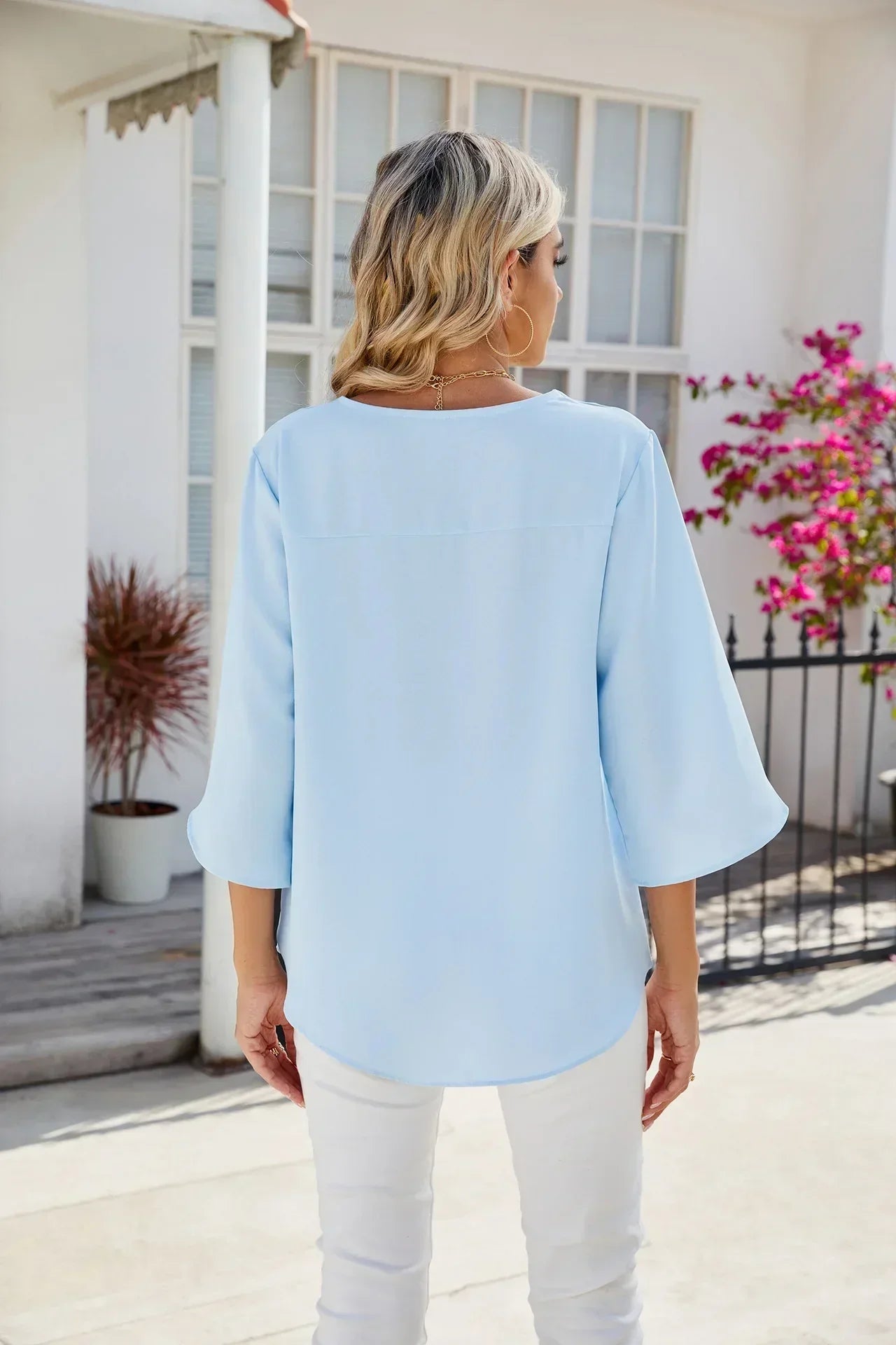 Blouse Élégante Femme Col en V Manches Trois-Quarts – Haut Léger Confortable Doux Unique au Quotidien ou au Bureau
