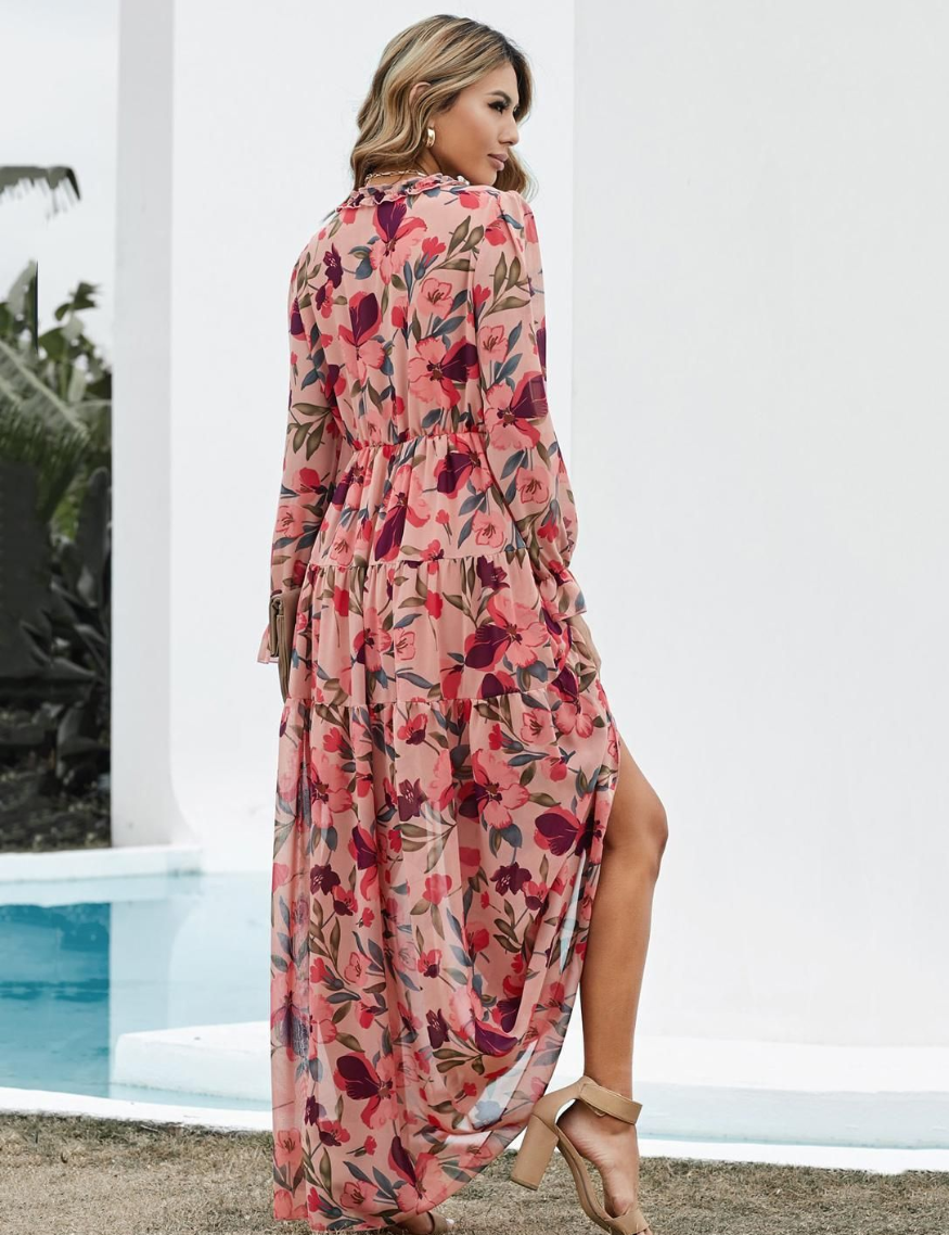 Robe Maxi Bohème en Chiffon à Fleurs Femme – Style Élégant Fluide à Manches Longues