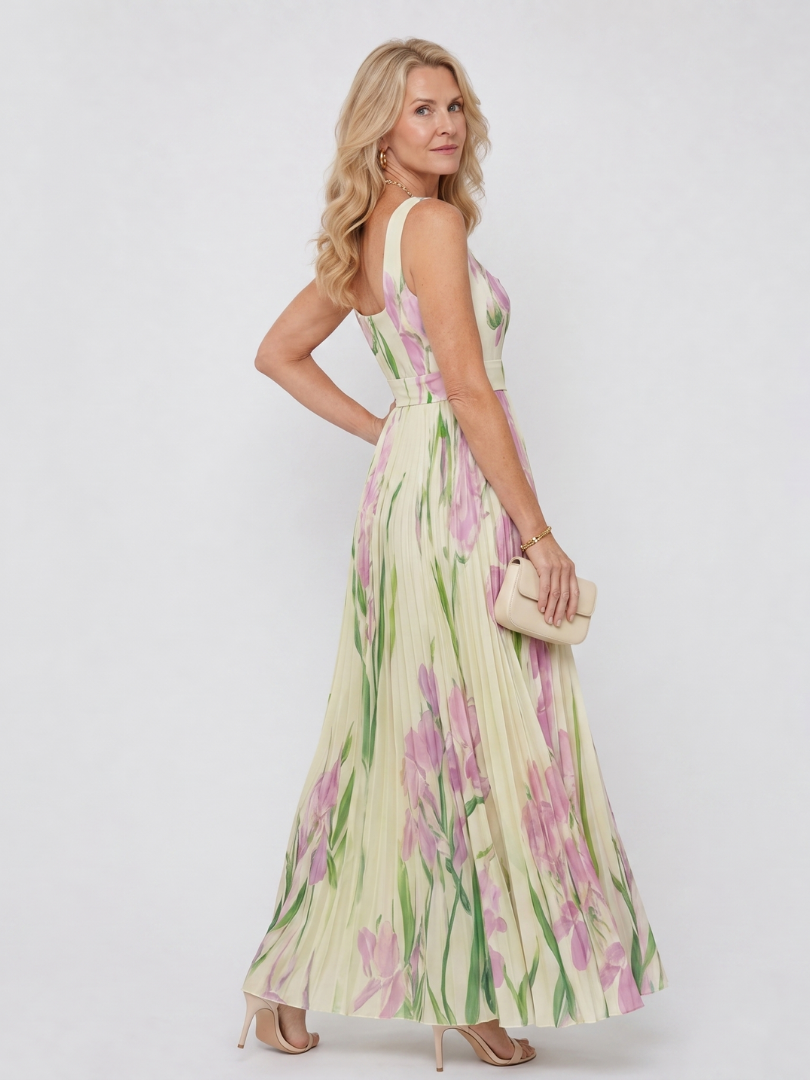 Vestito midi plissettato da donna senza maniche con scollo quadrato - Elegante ed estivo