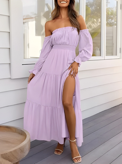 Robe longue bohème à épaules dénudées pour femme – Robe d'été trapèze fendue et à volants