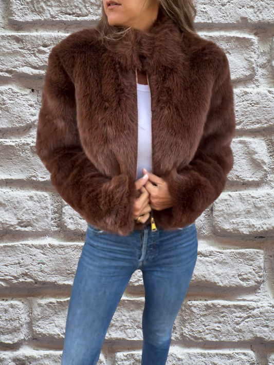 Veste Femme Courte Zippée Manches Longues Avec Fausse Fourrure
