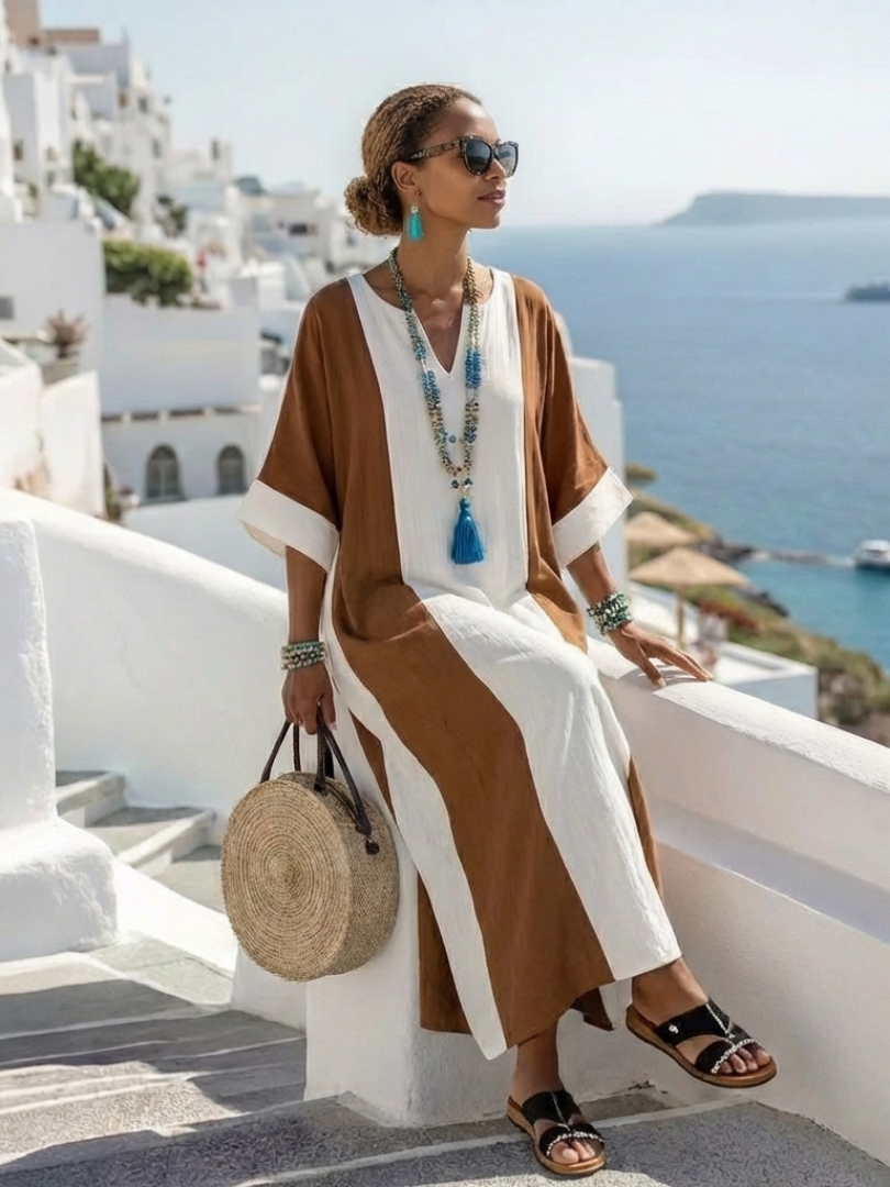 Robe maxi femme à blocs de couleurs et manches courtes – Coupe fluide décontractée