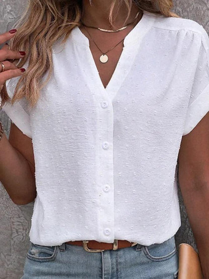 Chemisier Blanche Femme à Pois Suisses – Haut Boutonné à Manches Courtes