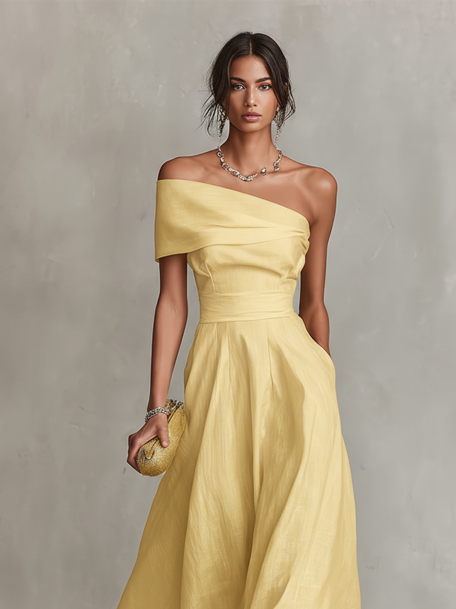 Robe en lin jaune asymetrique femme - Elegante et estivale