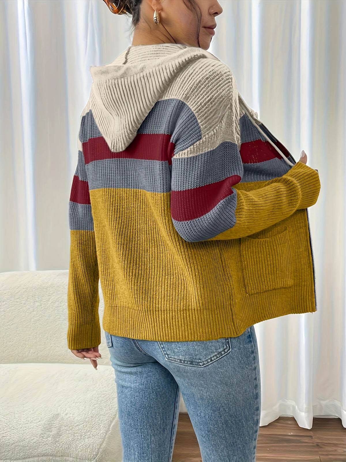 Women's zip-up color-block hooded cardigan - Comfortable and modern