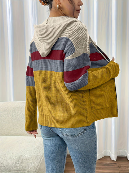 Women's zip-up color-block hooded cardigan - Comfortable and modern
