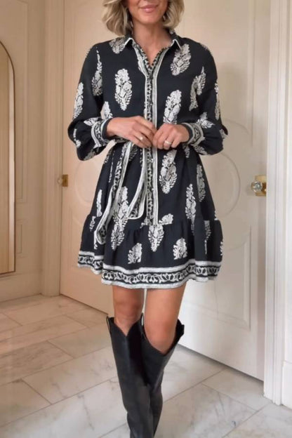 Robe-chemise imprimée noire et blanche pour femme – Manches lanternes, style décontracté estival