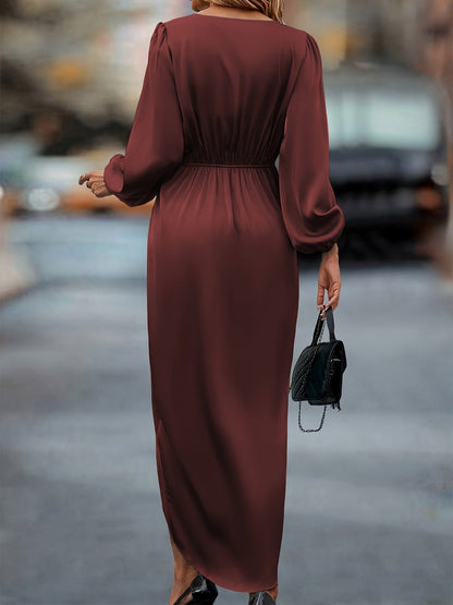 Robe élégante en satin à manches ballon et ourlet asymétrique pour femme – Robe de soirée fluide mi-longue flatteuse invitée