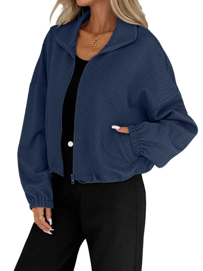 Women's stand-collar zip-up jacket – Loose fit, drawstring hem, casual fall-winter style