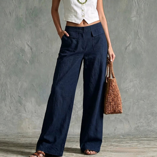 Pantalon femme uni ample a taille elastique decontractee