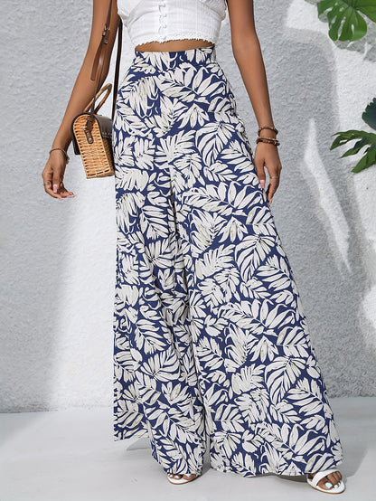 Pantalon large en coton imprimé floral bohème pour femmes - Taille haute, ceinture élastique, pantalon long de plage pour vacances d'été, style décontracté élégant