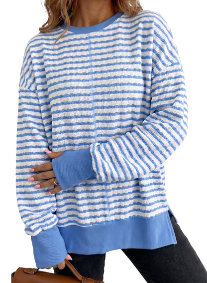 Striped women's sweater with side slits - Casual and soft