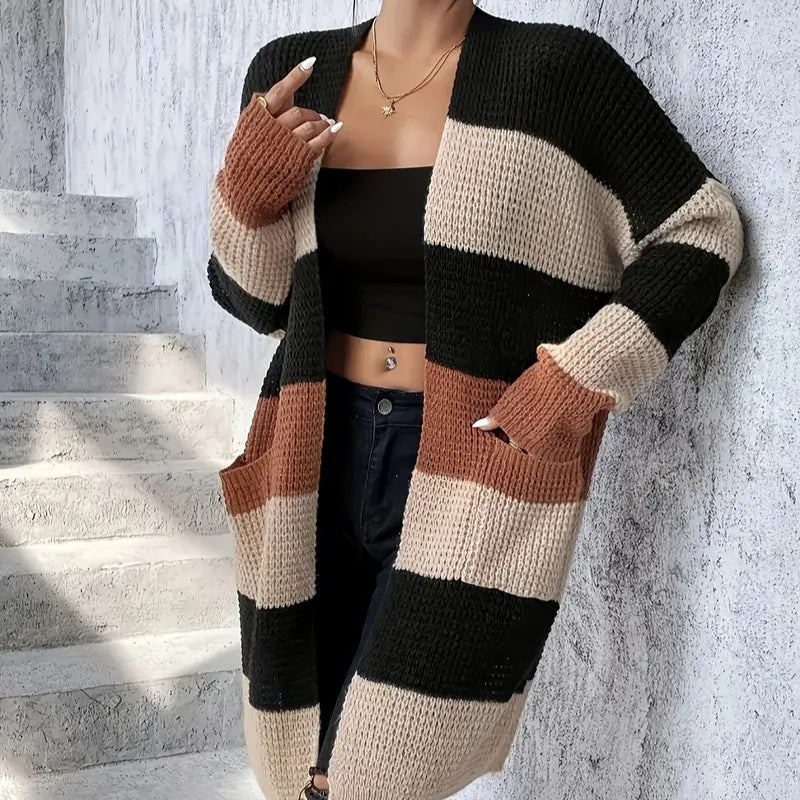 Cardigan à manches longues rayé et ample pour femme – Un style décontracté et confortable, disponible en trois couleurs