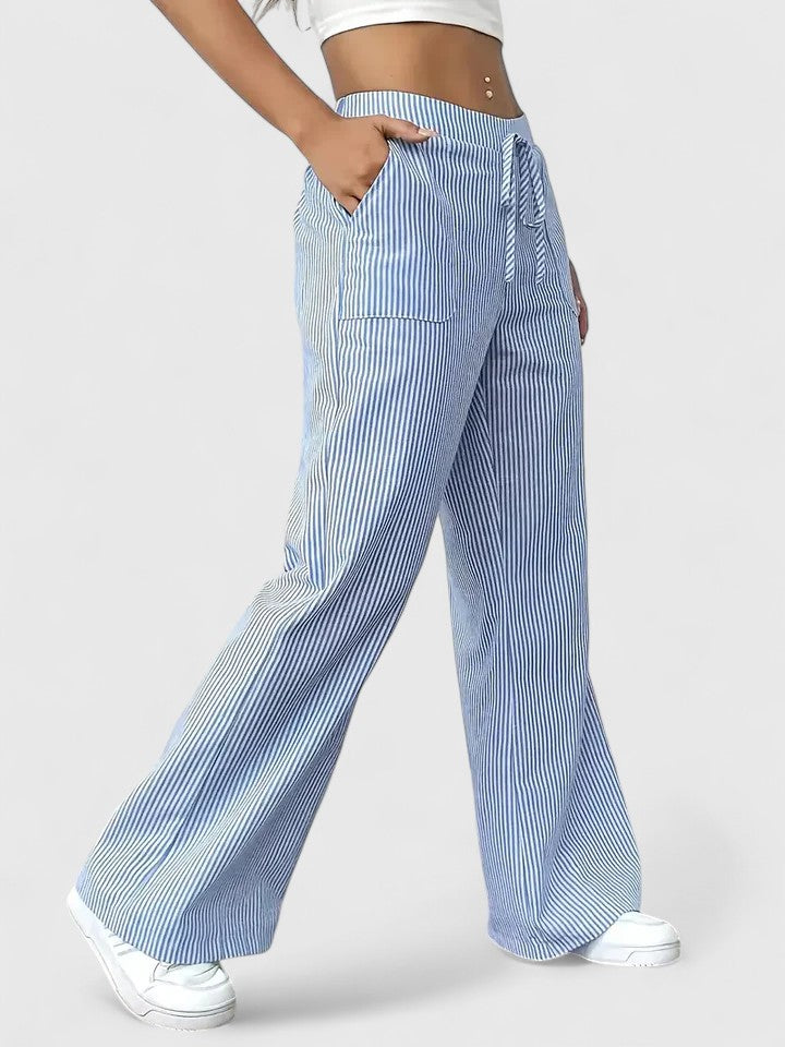Pantalon Large Confortable Élégant Femme – Style Rayé avec Cordon