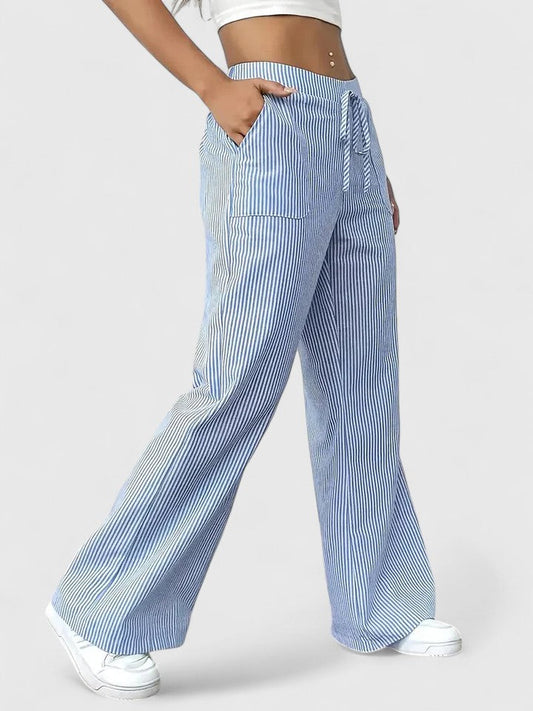 Pantalon Large Confortable Élégant Femme – Style Rayé avec Cordon