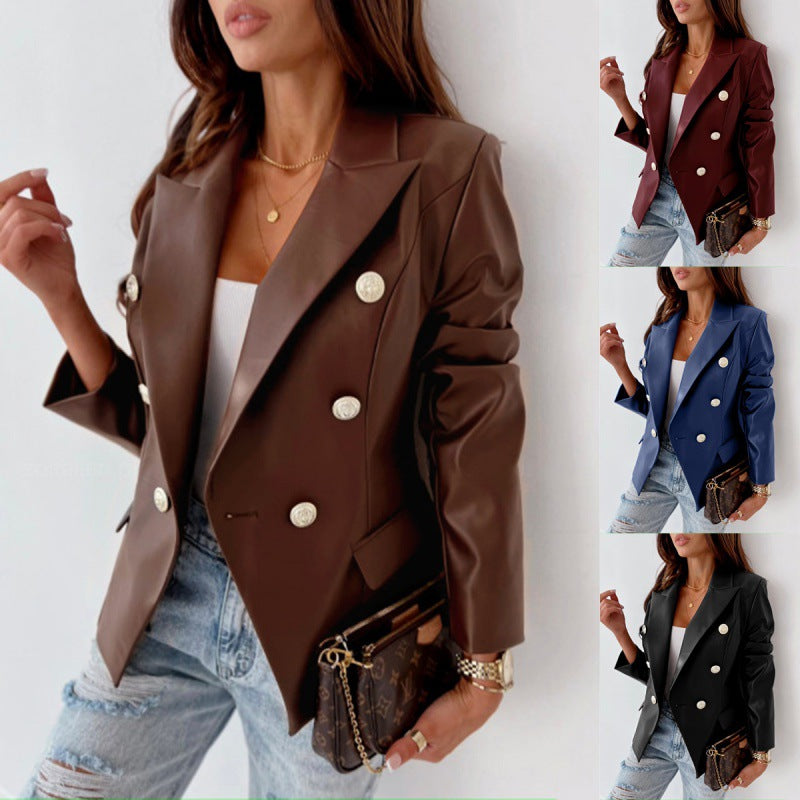 Blazer da donna a maniche lunghe in pelle sintetica, doppiopetto – Stile chic, elegante, casual e raffinato