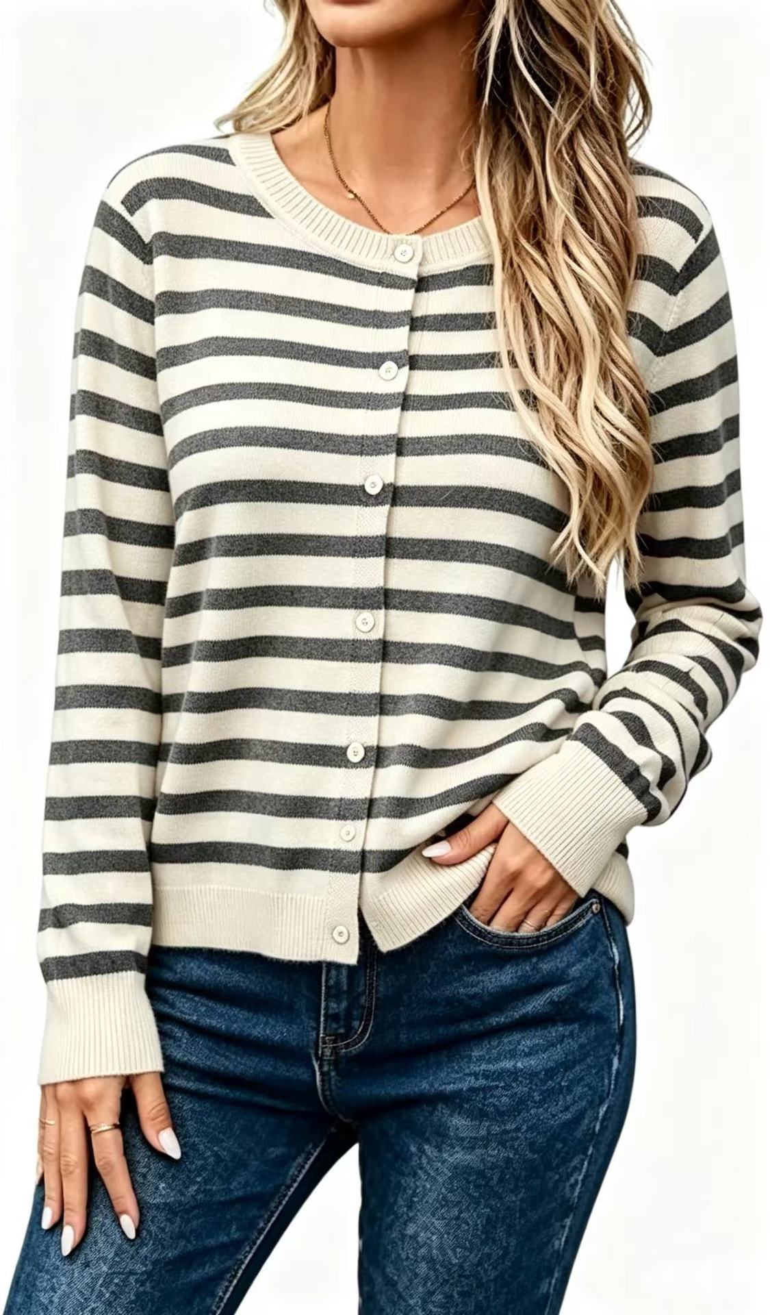 Cardigan da donna in maglia a righe con maniche lunghe – Vestibilità ampia, stile casual e confortevole