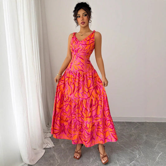 Robe longue d’été femme – Sans manches avec imprimé tropical