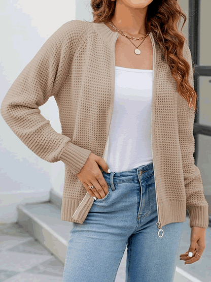 Women's solid-color zip-up long-sleeve cardigan - Simple and comfortable