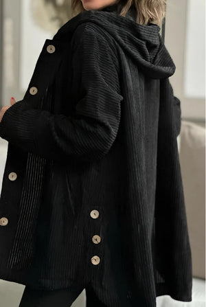 Giacca Donna Elegante in Velluto a Coste con Cappuccio – Maglione Bottonato Medio-Lungo Casual