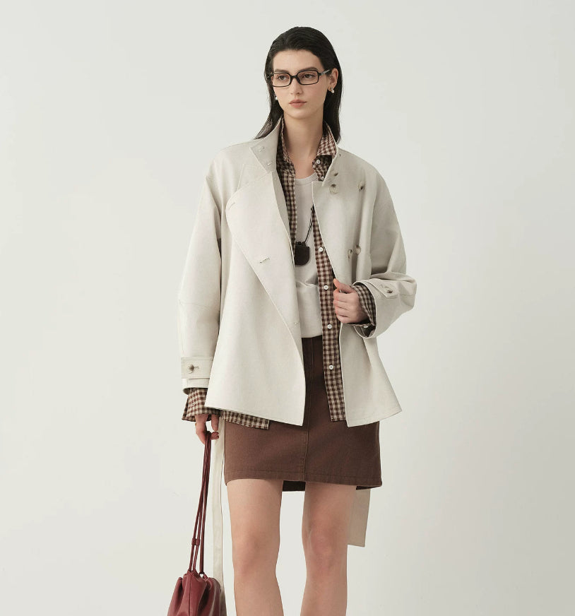 Women's Double-Breasted Stand-Collar Jacket – Elegant Fitted Style for Petite Sizes