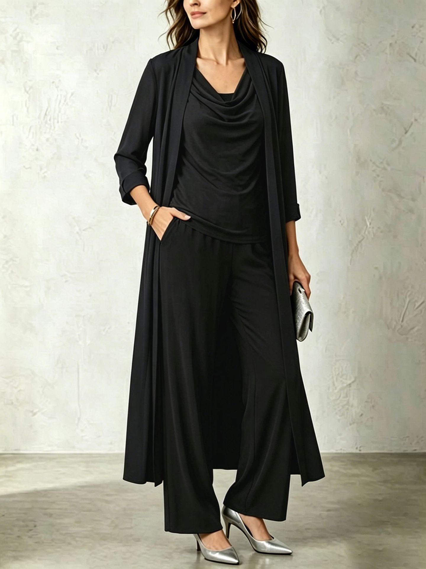 Completo donna 3 pezzi con cardigan lungo e pantaloni