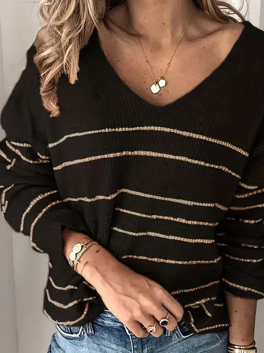Stribet damesweater med V-udskæring - Trendy og blød