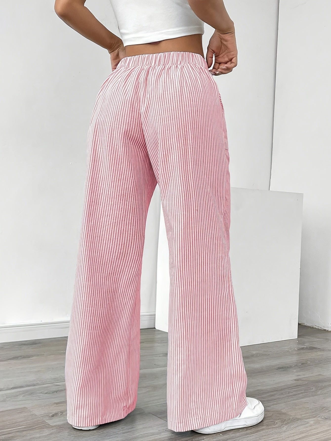 Pantalon Jambe Large à Poches Latérales, Imprimé Rayé Décontracté Taille Cordon, Printemps &amp; Été, Vêtements pour Femmes