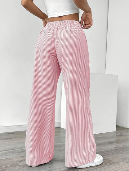 Pantalon Jambe Large à Poches Latérales, Imprimé Rayé Décontracté Taille Cordon, Printemps &amp; Été, Vêtements pour Femmes