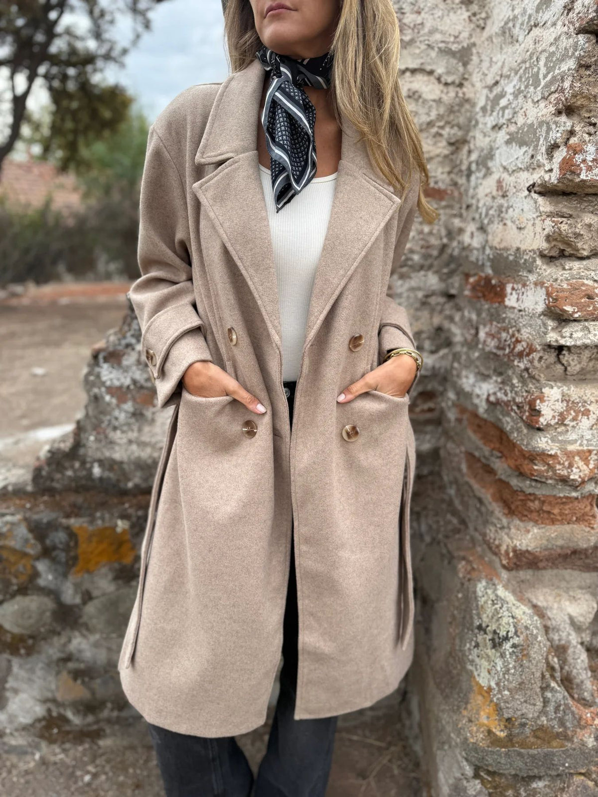 Cardigan-cappotto da donna con lacci – Giacca casual a maniche lunghe in misto lana, con revers e tasche