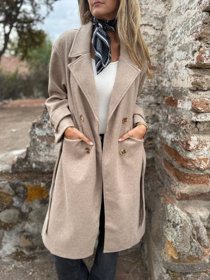 Cardigan-cappotto da donna con lacci – Giacca casual a maniche lunghe in misto lana, con revers e tasche