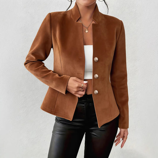 Blazer femme effet suedine a col V et trois boutons