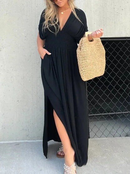 Robe longue avec fente et col en V