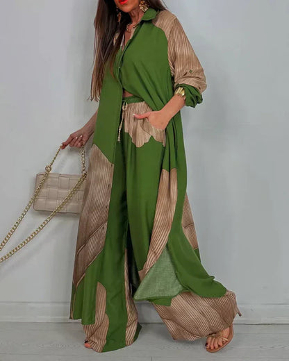 Ensemble deux pièces femme – Chemise boutonnée à col et pantalon large taille haute coordonné
