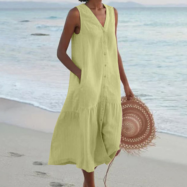 Robe d'été sans manches en lin pour femme – coupe ample et boutonnée sur le devant
