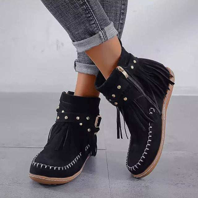 Femmes Botte Cheville Franges Suédées Vintage – Audacieuses, Élégantes