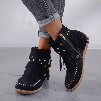 Femmes Botte Cheville Franges Suédées Vintage – Audacieuses, Élégantes
