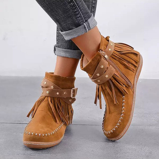 Femmes Botte Cheville Franges Suédées Vintage – Audacieuses, Élégantes