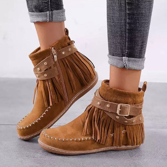 Femmes Botte Cheville Franges Suédées Vintage – Audacieuses, Élégantes