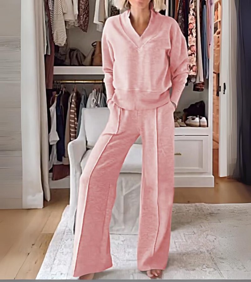 Ensemble Lounge Moderne Deux Pièces Femme – Haut Col V Manches Longues et Pantalon Large
